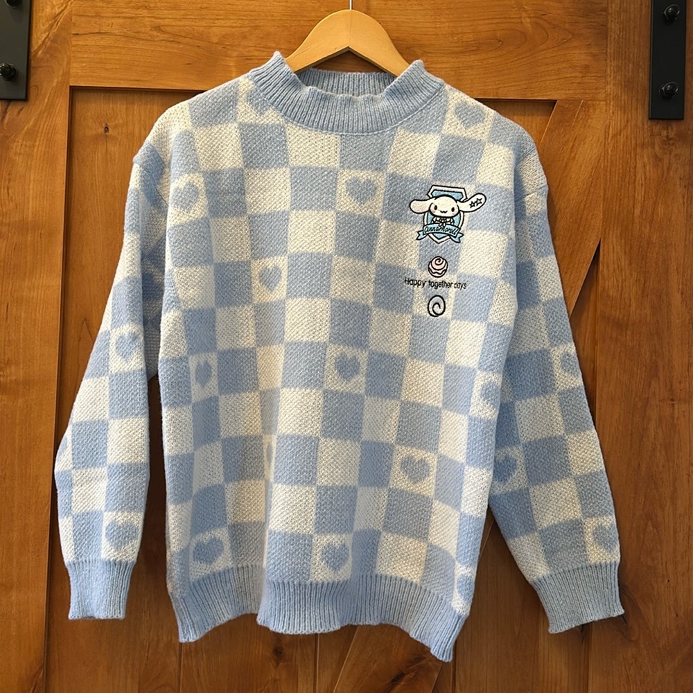Brand new blue white sweater women’s large Sanrio cinnamoroll character checker